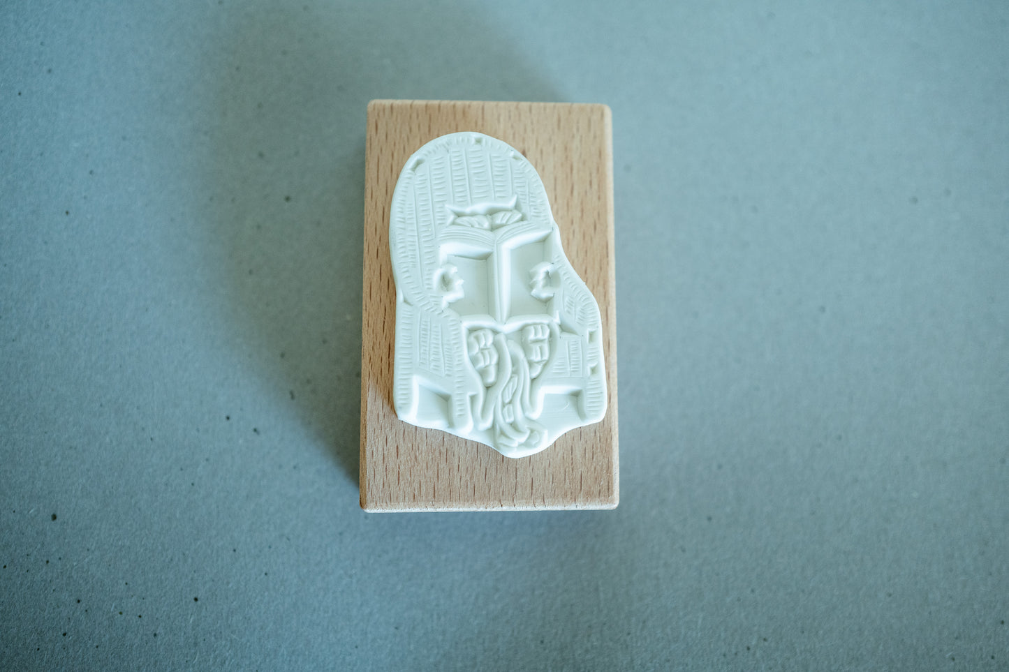 Handmade Large Wood Rubber Stamp with Bookworm Cat