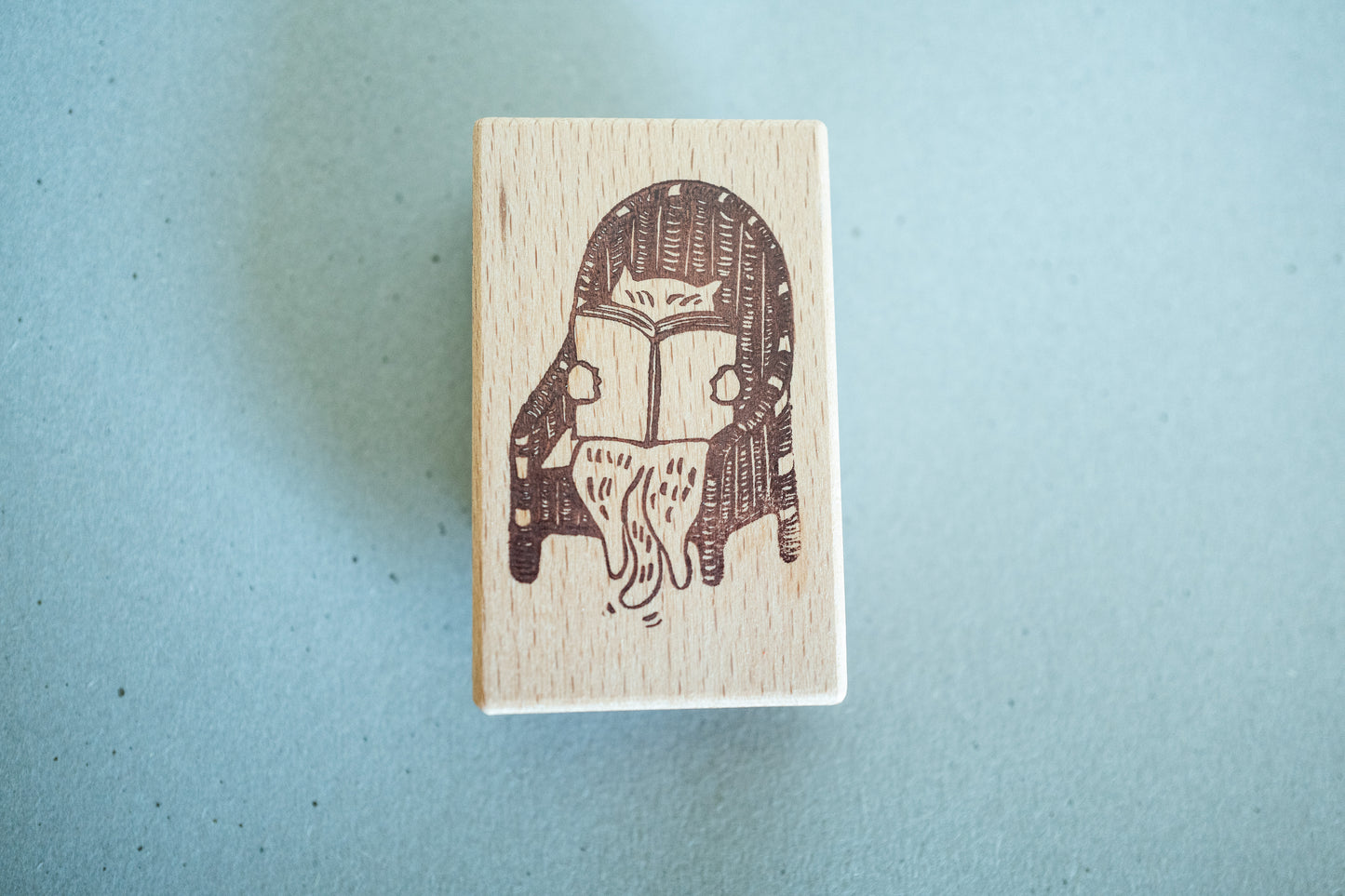 Handmade Large Wood Rubber Stamp with Bookworm Cat